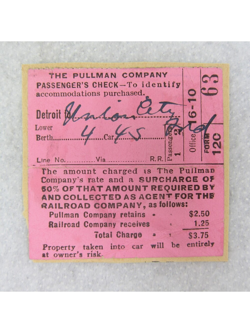 Pullman Company Railroad Train Luggage Ticket Detroit Union City Vintage 1940s